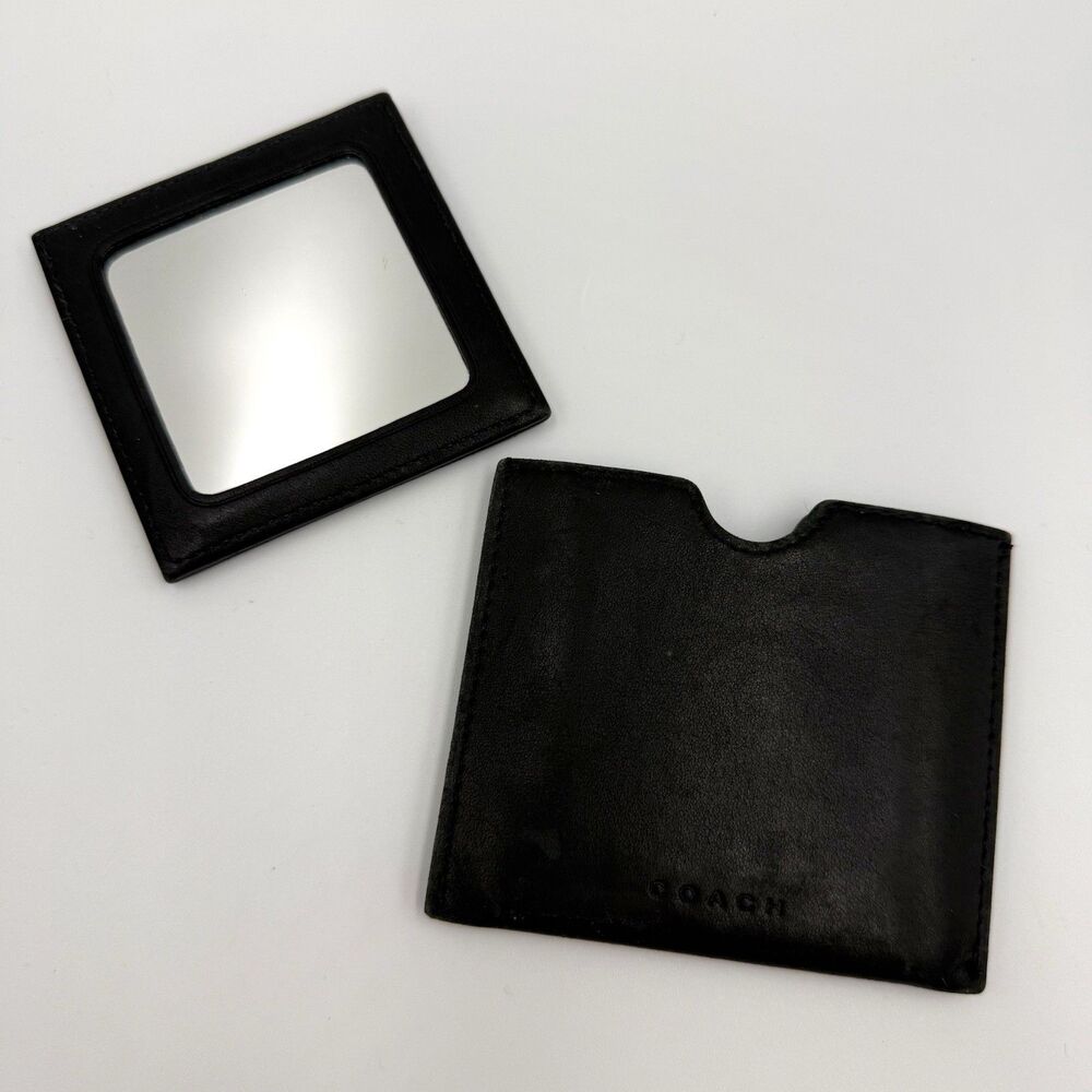 Vintage Coach Black Leather Compact Mirror Holder Sleeve w/ Mirror